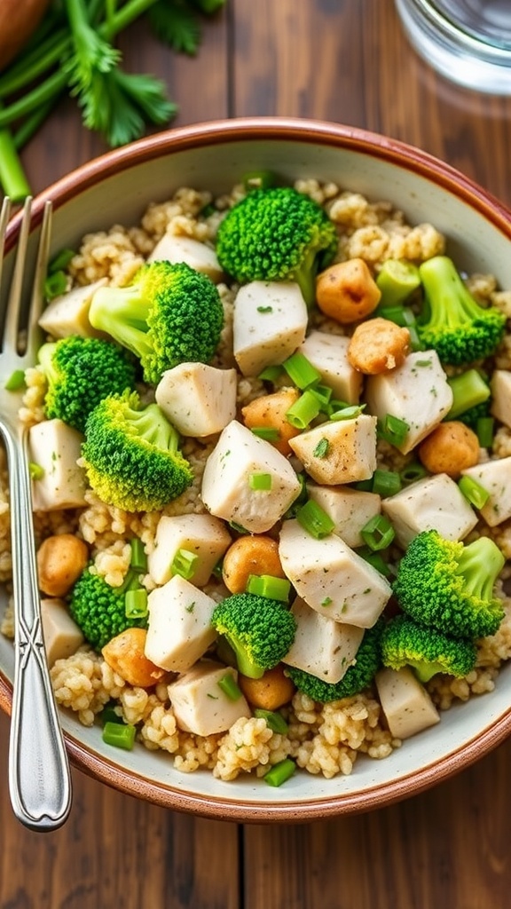 A colorful bowl of chicken, broccoli, and quinoa garnished with green onions on a wooden table.